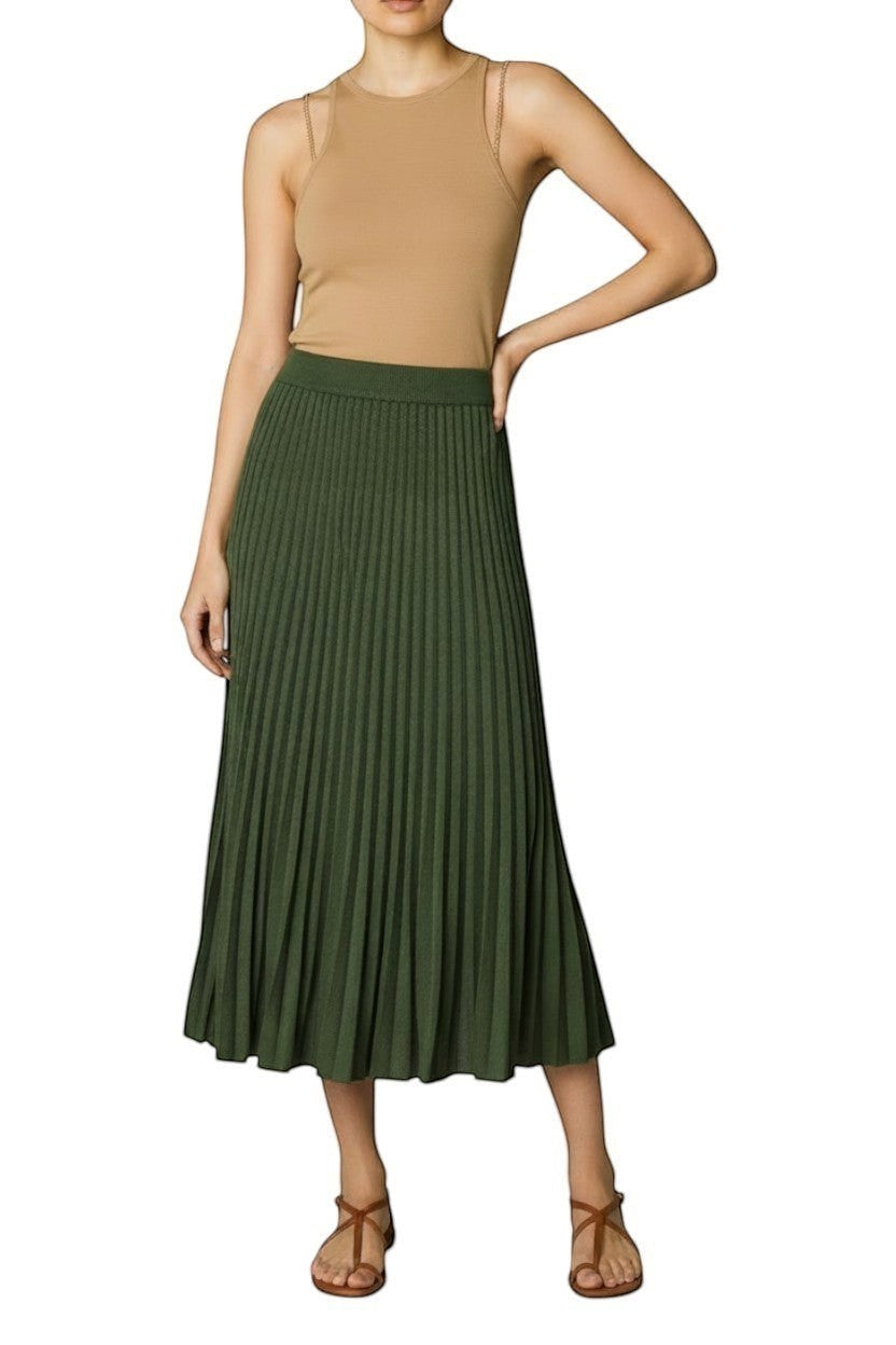 Naked Pear Zimmermann dark green pleated rib midi skirt in stretch knit fabric with an elasticated waistband