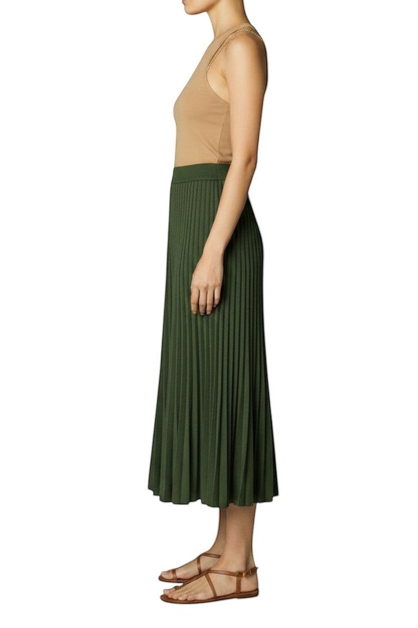 AI generated image of Naked Pear Zimmermann dark green pleated rib midi skirt in stretch knit fabric worn by a model in profile view