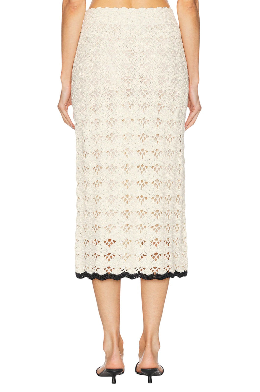 Naked Pear Zimmermann Rhiannon cream crochet midi skirt with black scalloped trim and elastic waistband