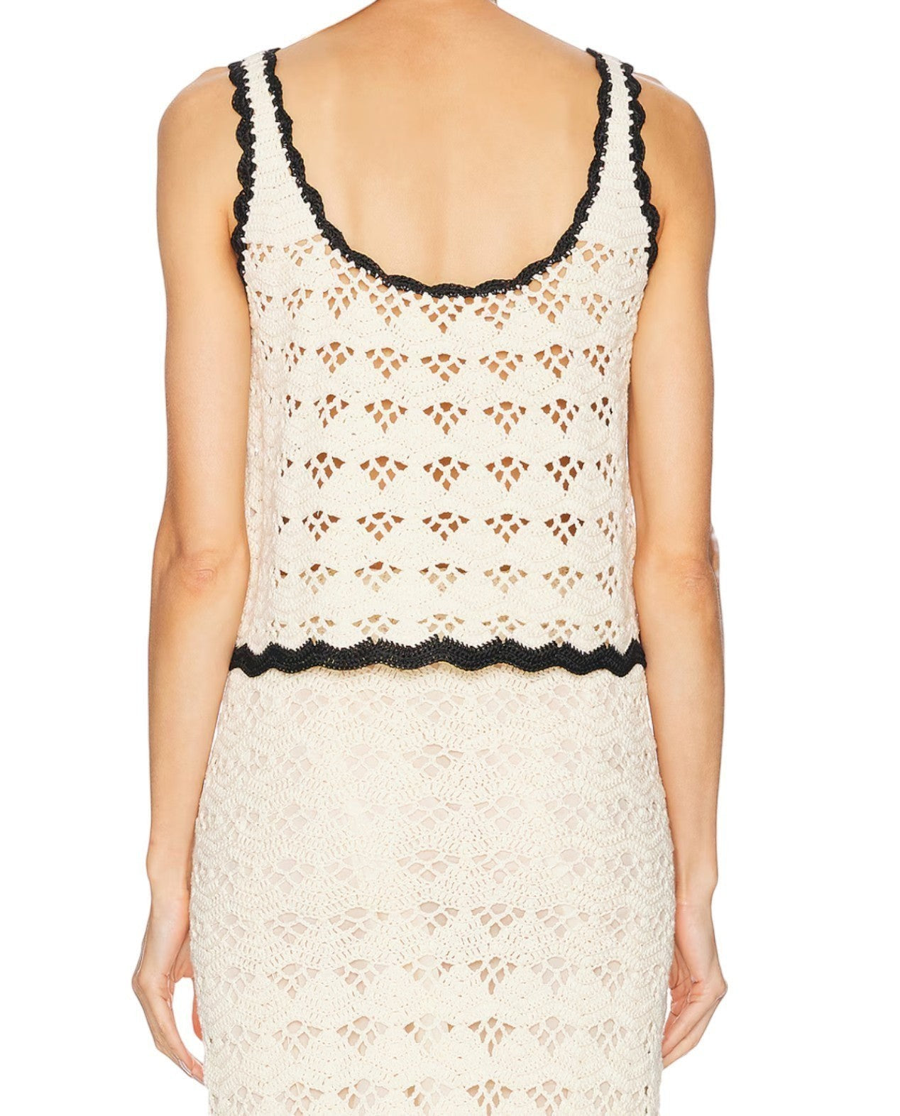 Back view of Naked Pear Zimmermann Rhiannon cream cotton crochet tank top with black scalloped trim and scoop neck