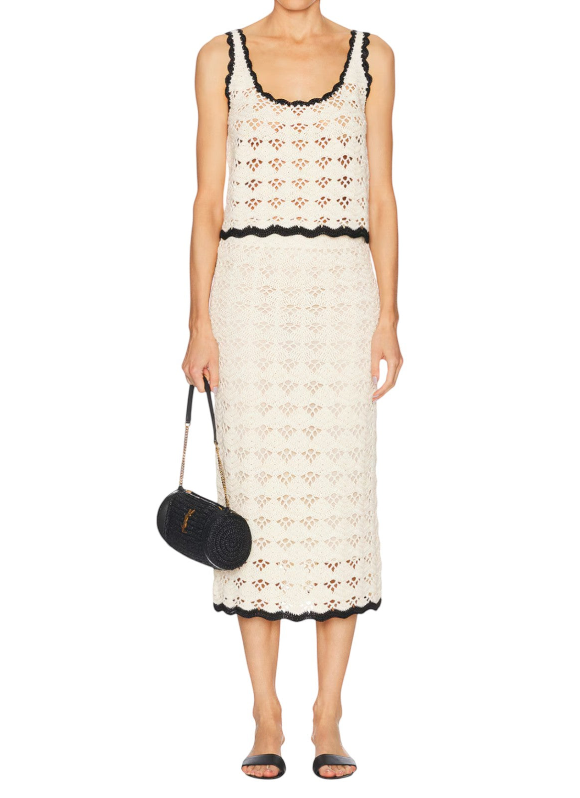 Naked Pear Zimmermann Rhiannon cream cotton crochet tank top with black scalloped trim and deep scoop neckline