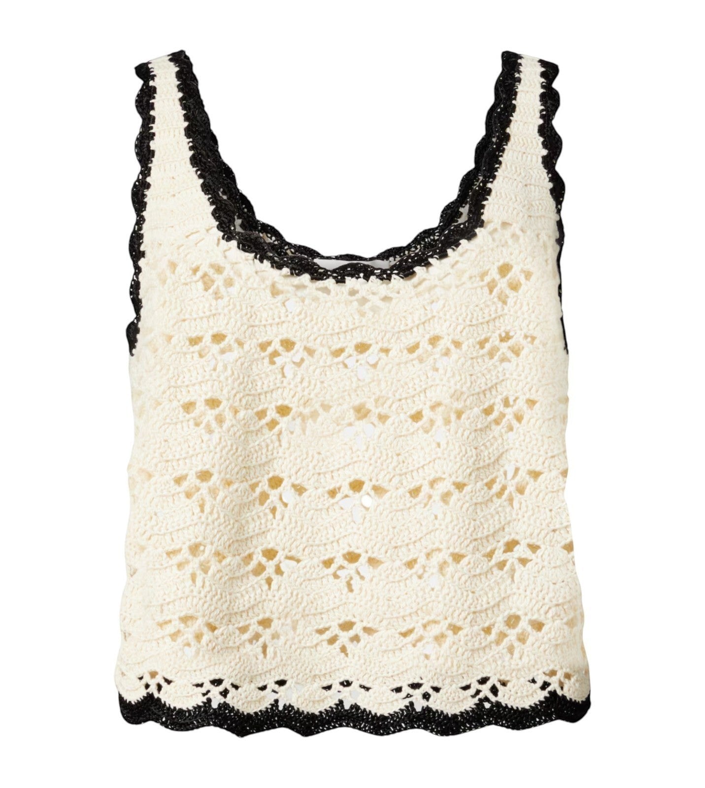 Naked Pear Zimmermann Rhiannon cream cotton crochet tank top with black scalloped trim and scoop neckline