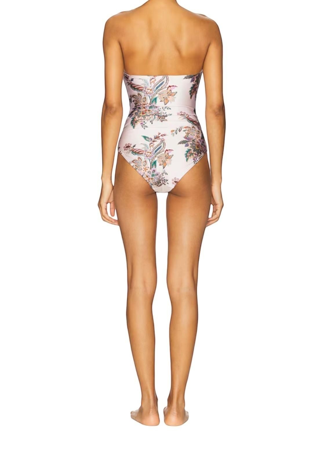 Naked Pear Zimmermann Rhiannon one-piece swimsuit in cream paisley print, back view showing full coverage design.