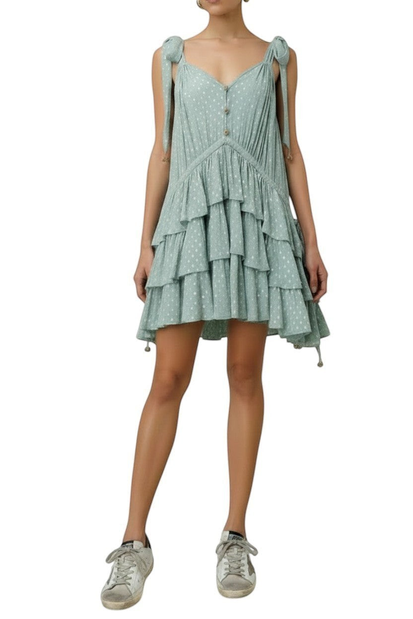 Naked Pear Zimmermann mint metallic frill mini dress with tie shoulders and pleated skirt