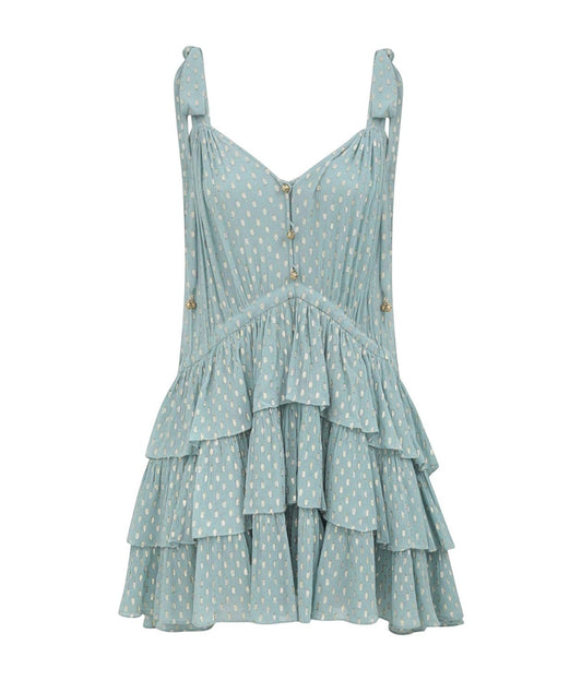 Naked Pear Zimmermann Rhiannon mint metallic mini dress with tie shoulders, plunging neckline, and tiered frill skirt.