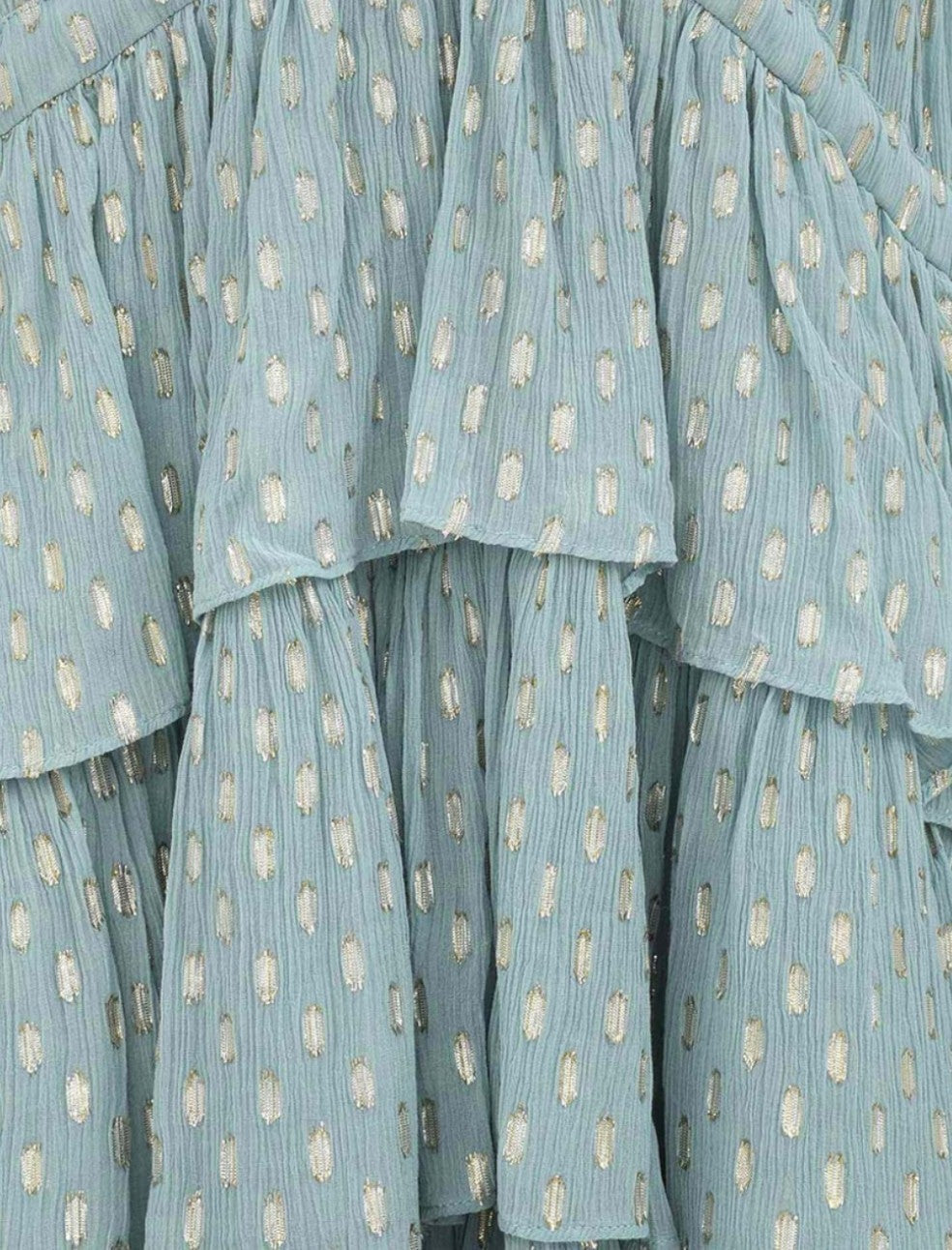 Close-up of the mint green metallic fabric on a Naked Pear Zimmermann Rhiannon mini dress with ruffled frill detail.