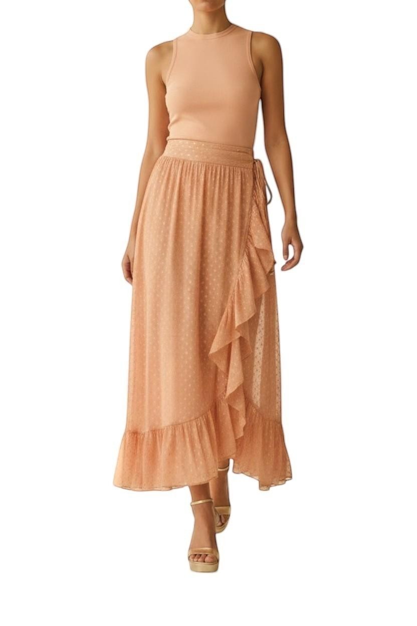 AI generated image of Naked Pear Zimmermann Rhiannon metallic peach midi skirt with frill hem, elastic waist, and beaded side tie detail.