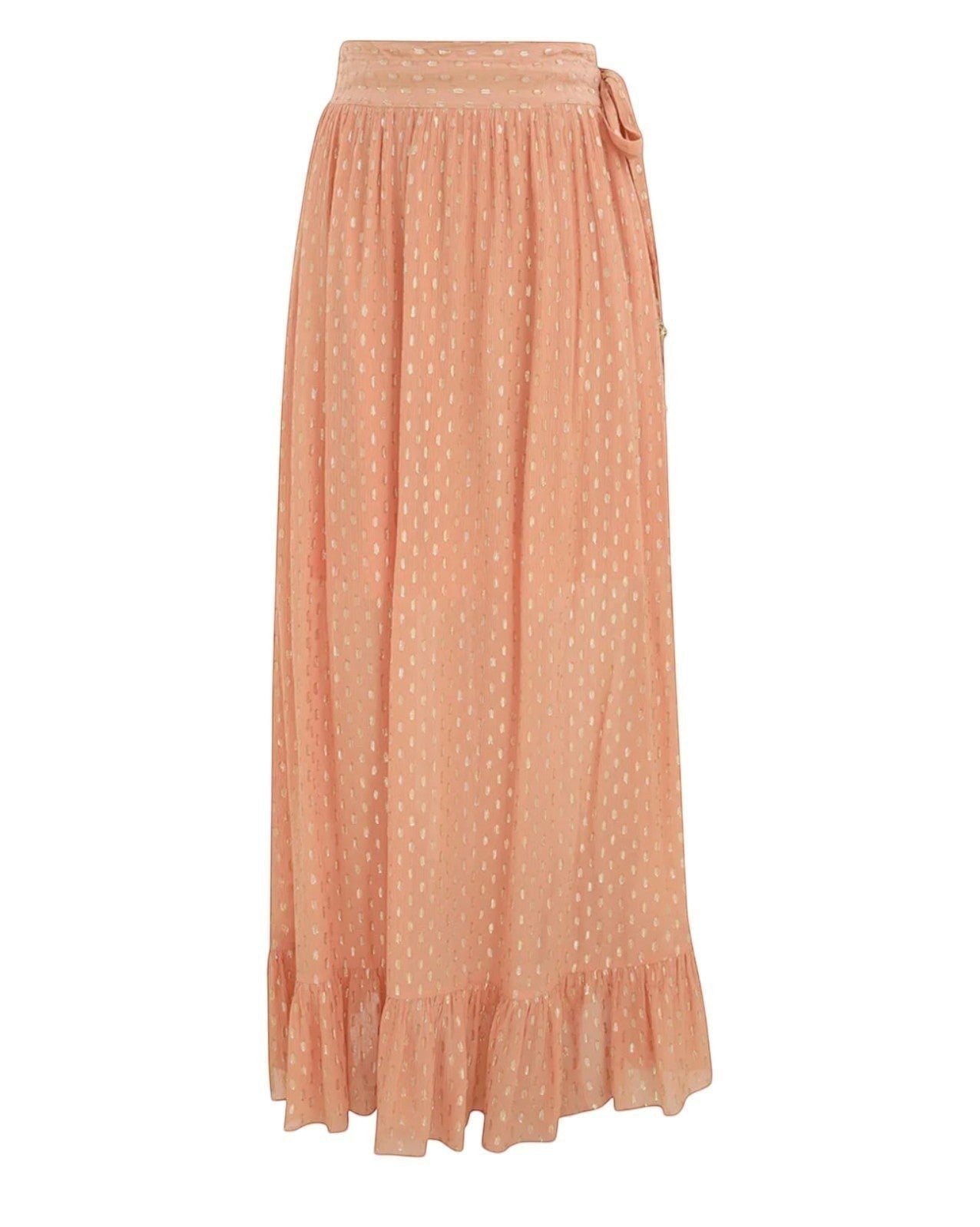 Naked Pear Zimmermann Rhiannon midi skirt in peach metallic lurex fabric with frilled hem and elasticated waist.