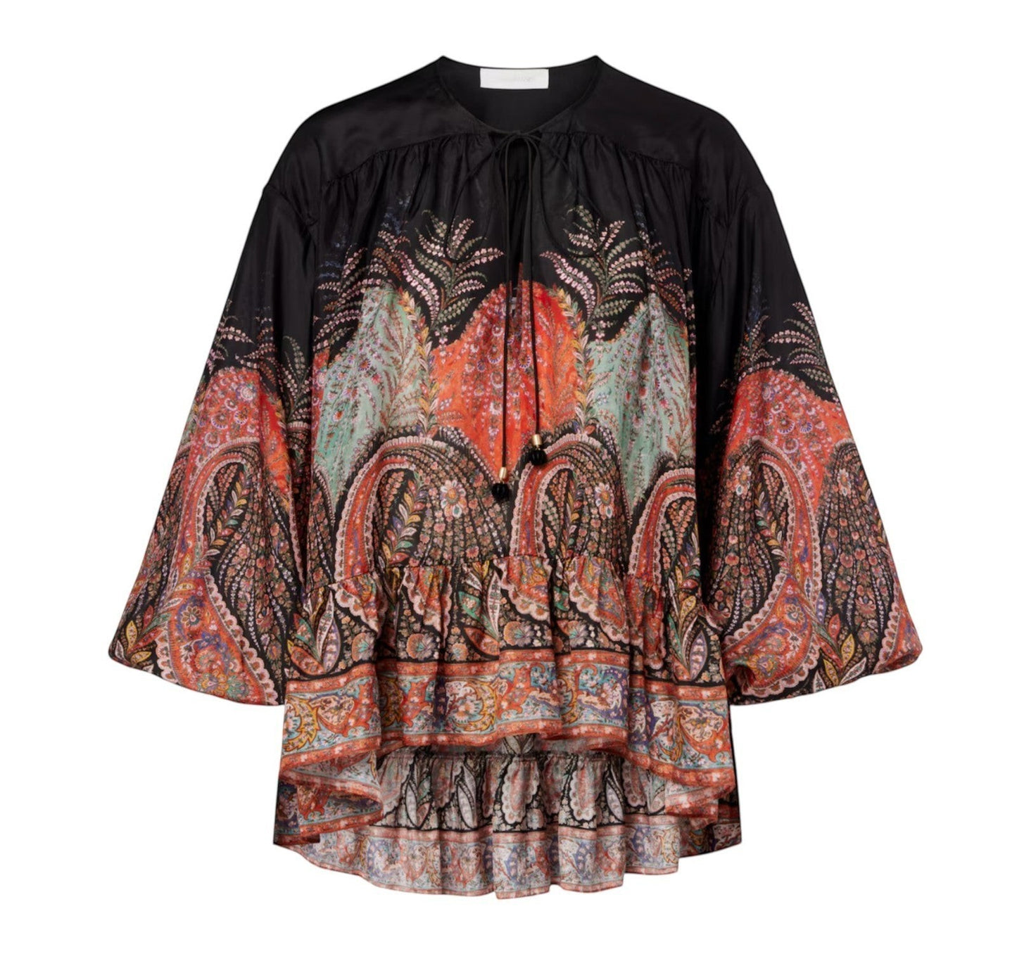 Naked Pear Zimmermann Rhiannon black paisley silk billow blouse with ruffle hem and self-tie neck detail.