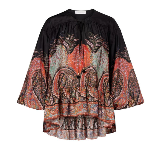 Naked Pear Zimmermann Rhiannon black paisley silk billow blouse with ruffle hem and self-tie neck detail.