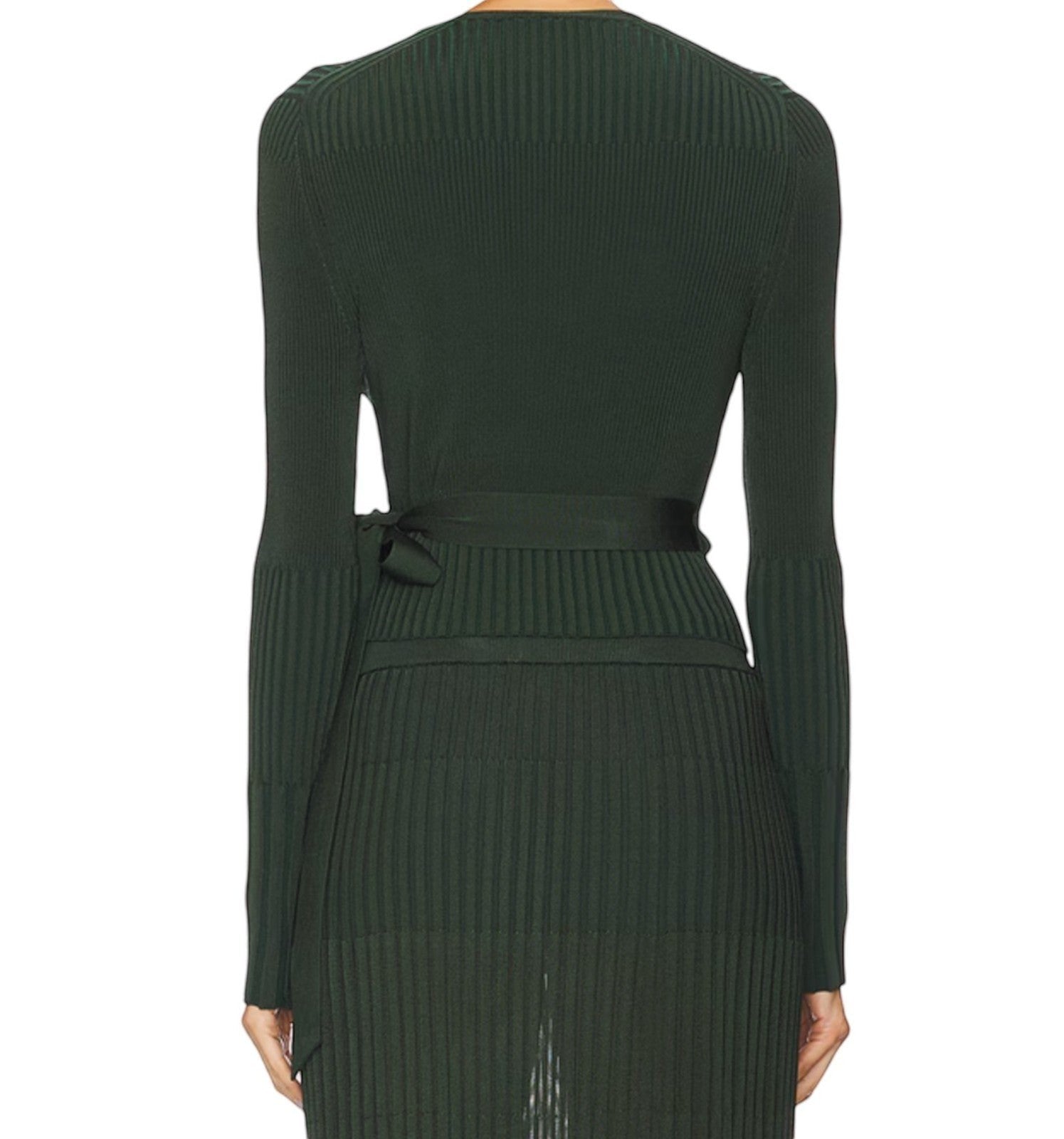 Back view of Naked Pear Zimmermann dark green ribbed wrap cardigan with long sleeves and tie waist detail