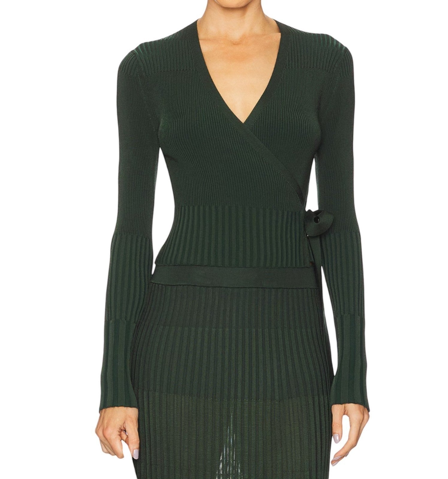 Naked Pear Zimmermann dark green ribbed knit wrap cardigan with V-neck and tie closure in a cropped style.
