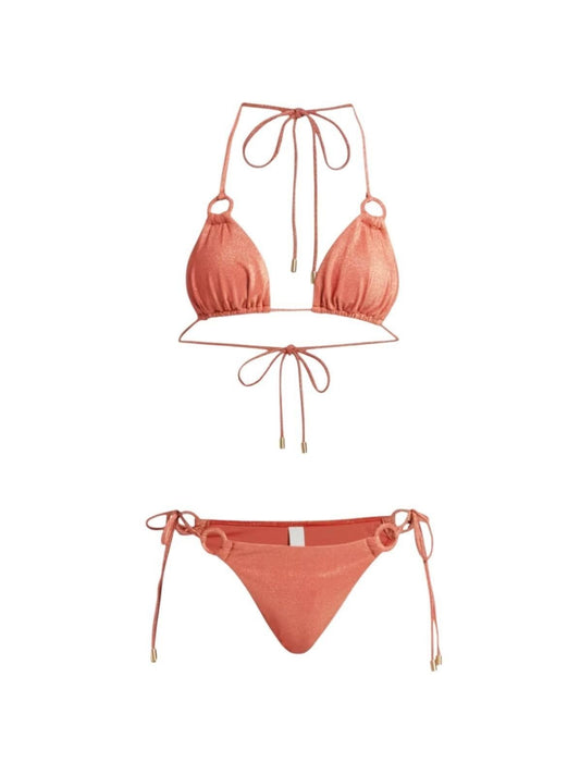 Naked Pear Zimmermann Tallow metallic burnt orange triangle bikini with ring embellishments and tie-side bottoms.