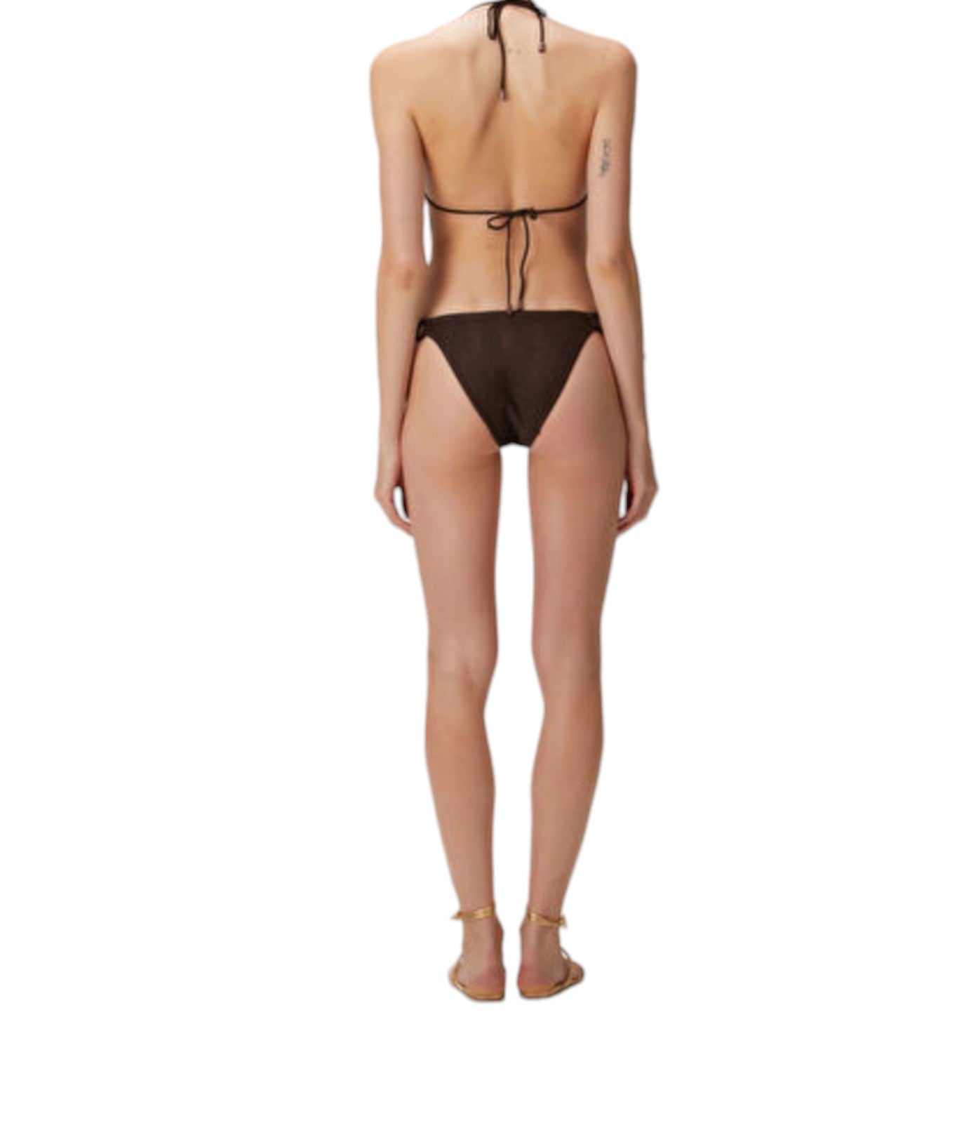 Back view of a model wearing a Naked Pear Zimmermann Coco chocolate brown textured triangle bikini with side ties.
