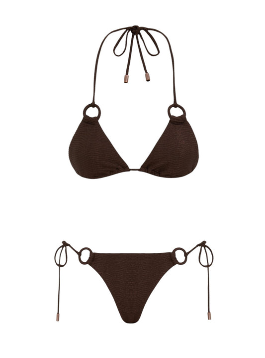 Naked Pear Zimmermann Coco chocolate brown textured triangle bikini with ring embellishments and side ties