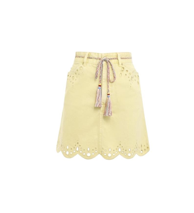 Naked Pear Zimmermann yellow cotton denim mini skirt with scalloped hem, cut-out embroidery, and tassel tie belt.