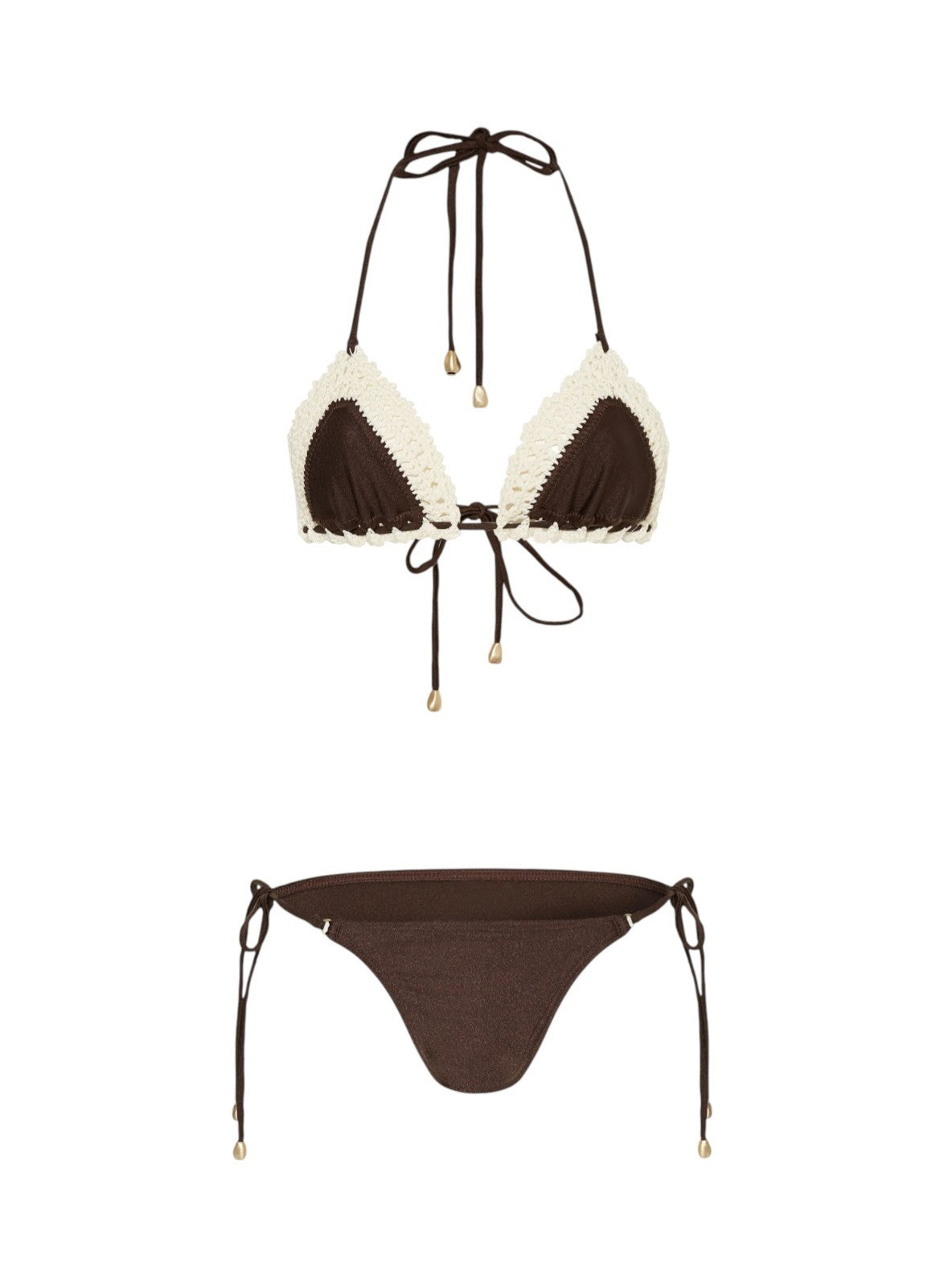 Brown and white bikini set on a white background
