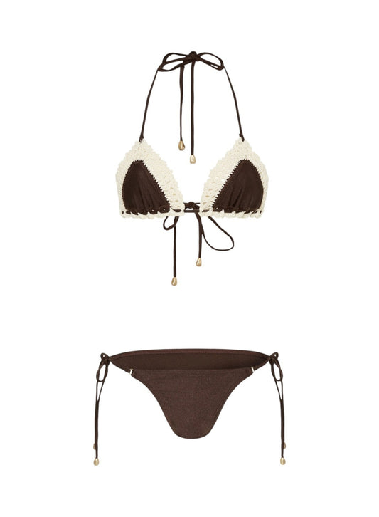 Brown and white bikini set on a white background