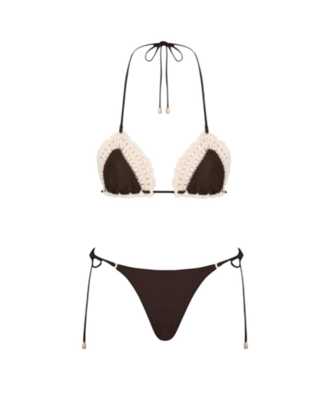 Two-piece crochet bikini set with beige top and black bottom on a white background