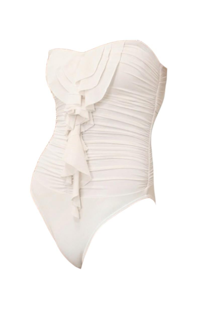 White ruched top with a bow detail on a white background