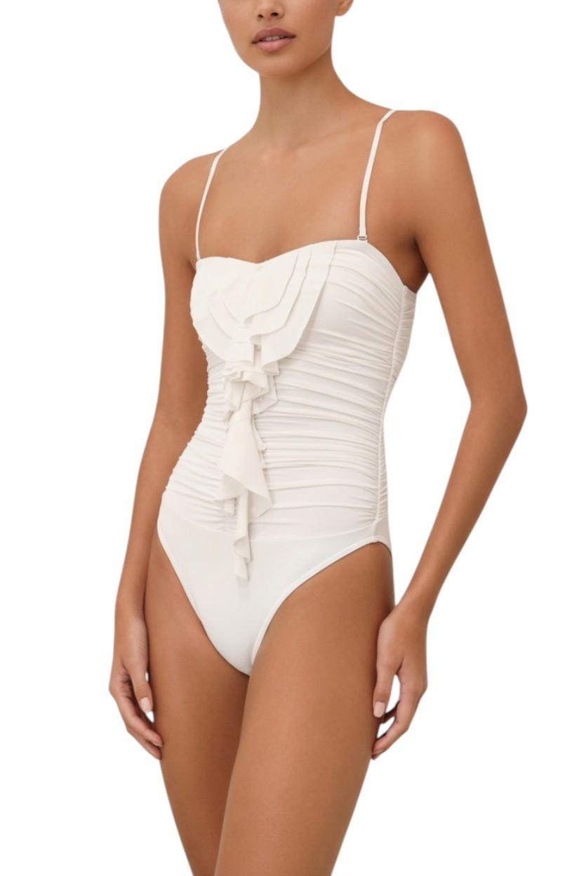 AI generated image of White one-piece swimsuit worn by a model on a white background