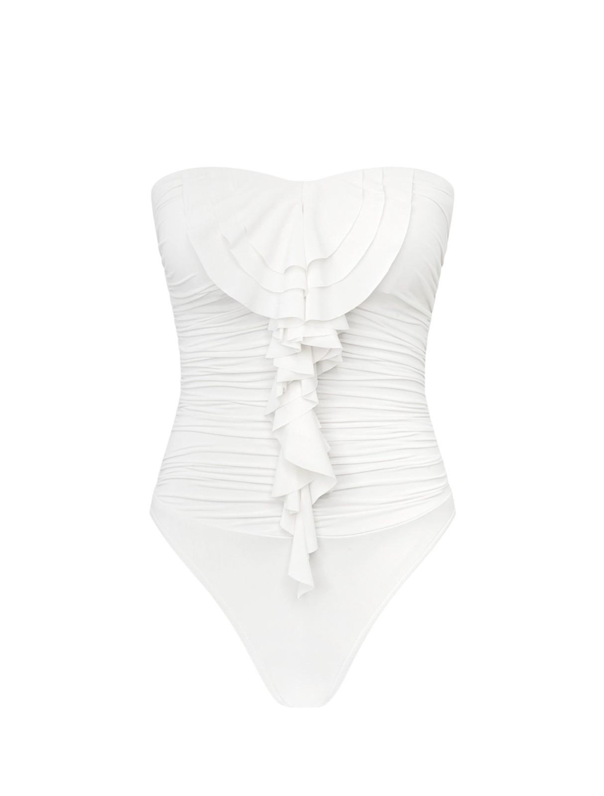 White strapless swimsuit with ruched design on a white background