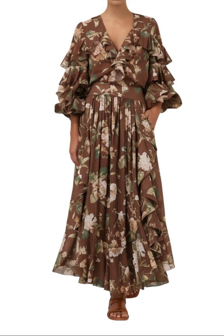 AI Generated image of Brown floral dress on a white background
