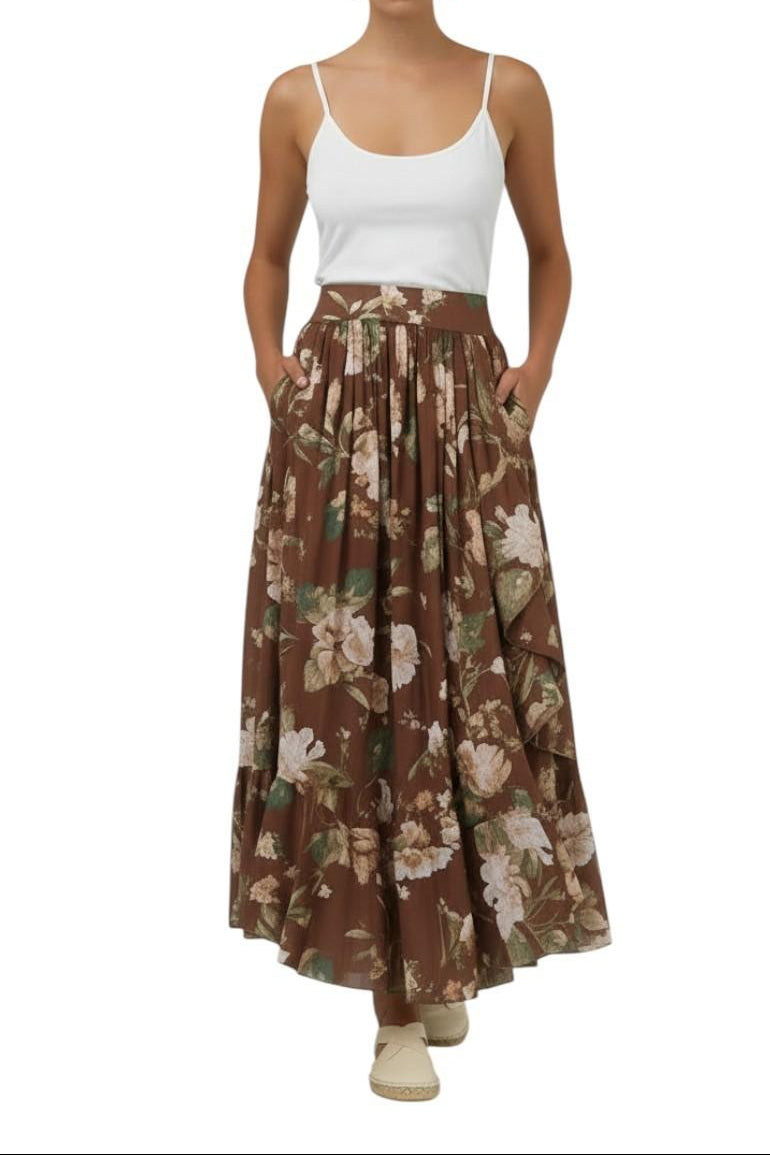 AI-generated image of Person wearing a white tank top and brown floral skirt on a white background