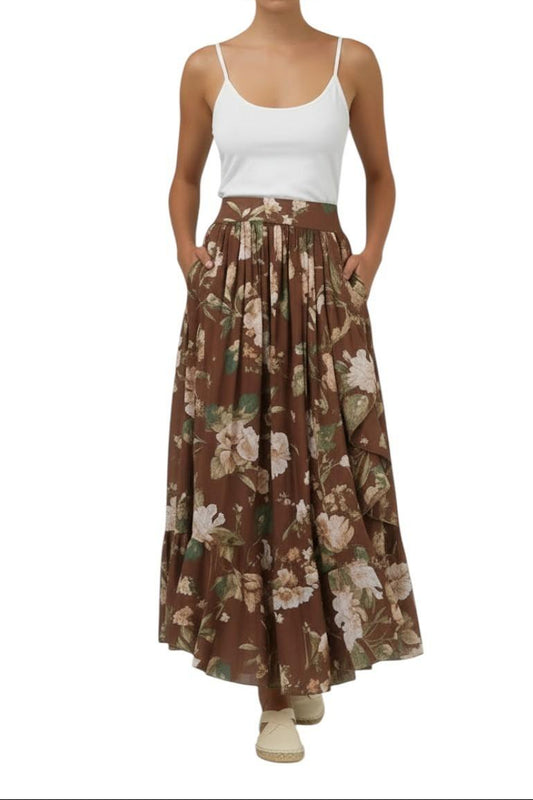 AI-generated image of Person wearing a white tank top and brown floral skirt on a white background