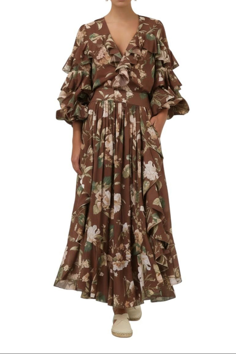 AI-generated image of Brown floral dress worn by a person on a white background
