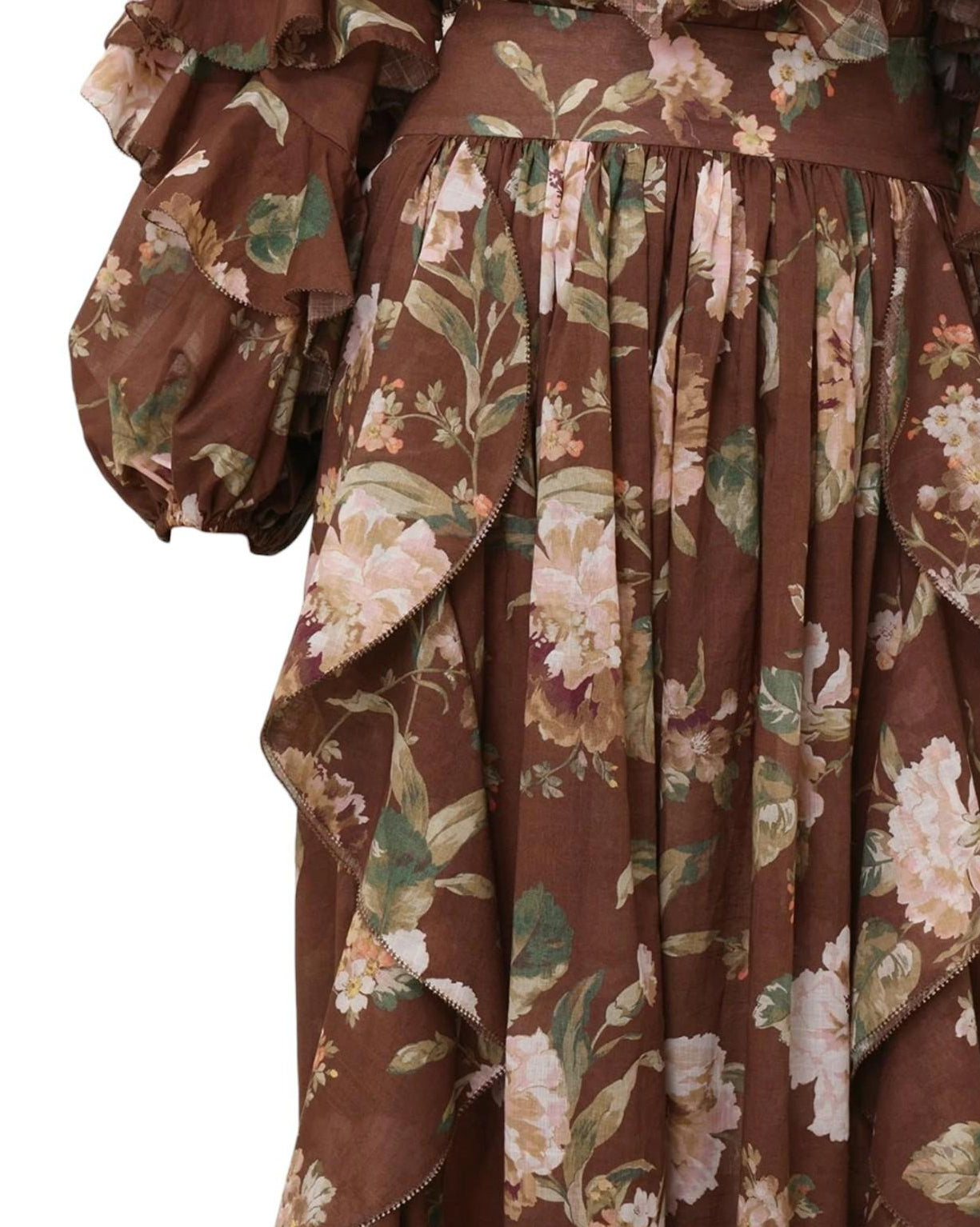 Zimmermann Acacia Ruffle Maxi Skirt | Brown Chocolate Floral, Cotton, High Waist