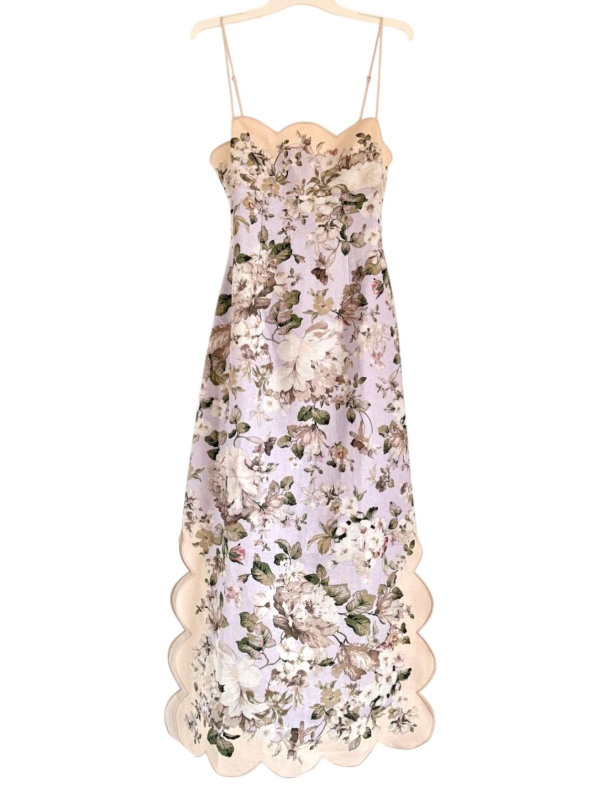 Zimmermann Acacia Scallop Midi Dress | Lilac Floral, Spaghetti Tie  Shoulders