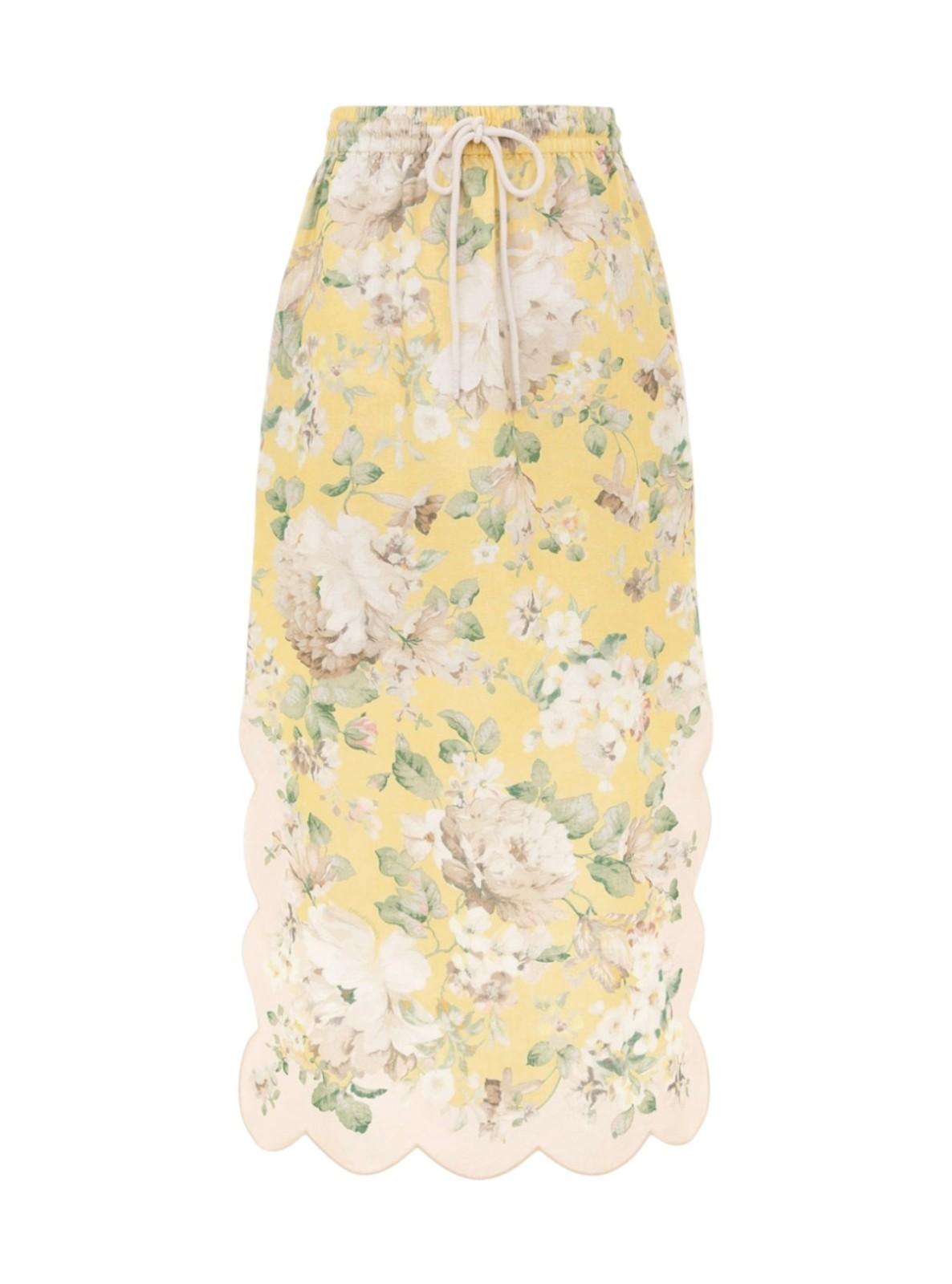 Yellow floral skirt with a drawstring on a white background