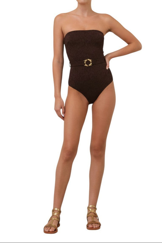 AI Generated image of  Brown strapless swimsuit with a belt on a white background