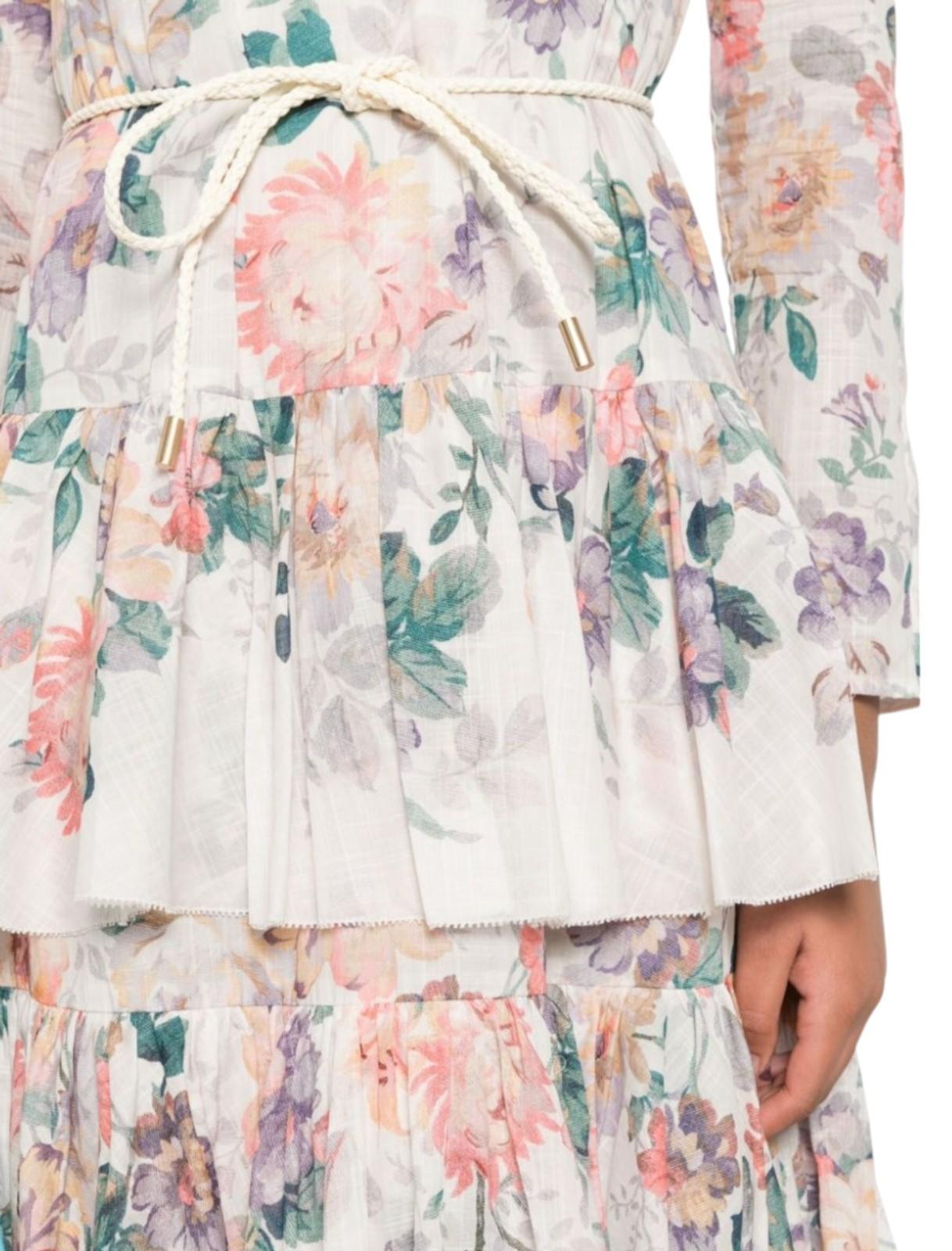 Floral dress with a belt on a plain background