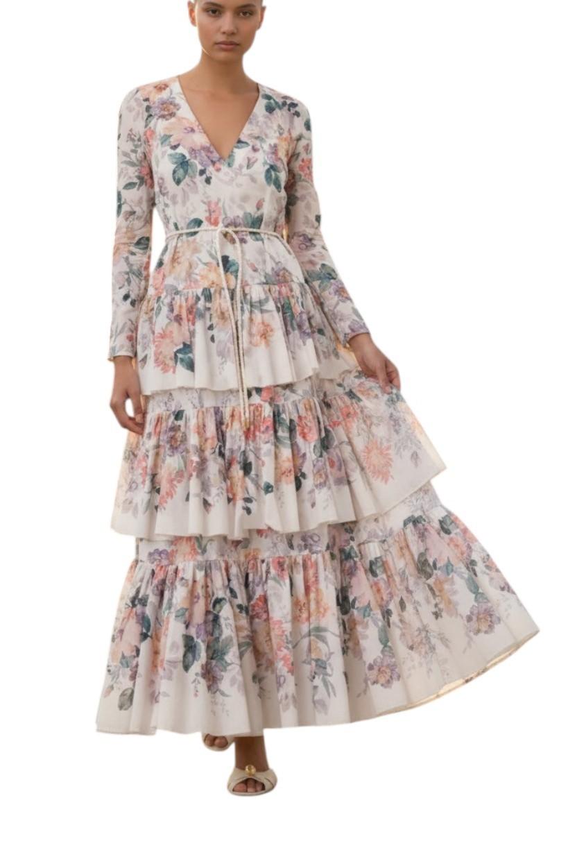 AI generated image of Woman wearing a floral tiered dress on a white background