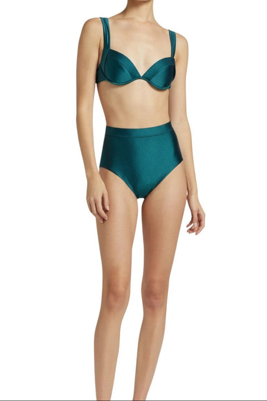 AI generated image of Woman wearing a teal bikini on a white background