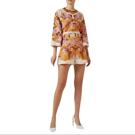 AI generated image of Woman wearing a patterned dress with a belt on a white background