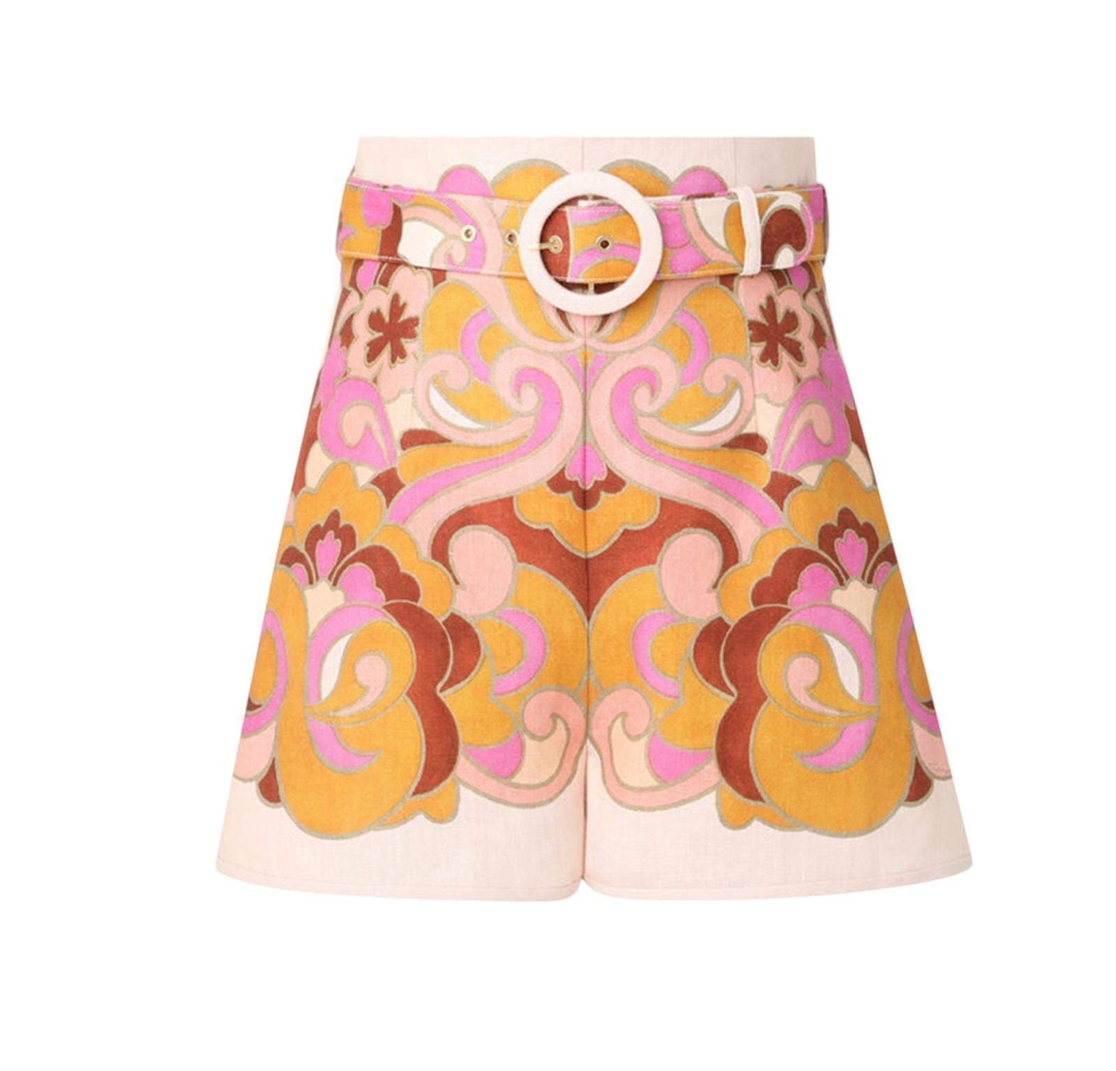 Patterned shorts with a belt on a white background