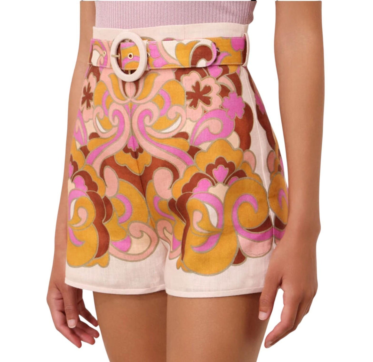 Shorts with a colorful floral pattern on a white background