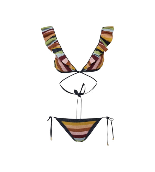 A two-piece bikini set with a multicolor striped pattern featuring shades of brown, yellow, red, green, and beige, accented by black trim and black strings.
