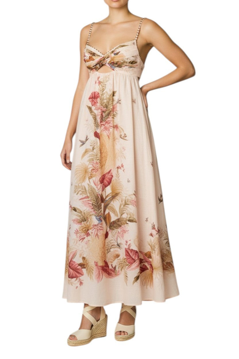 AI generated image of Woman wearing a floral dress on a white background