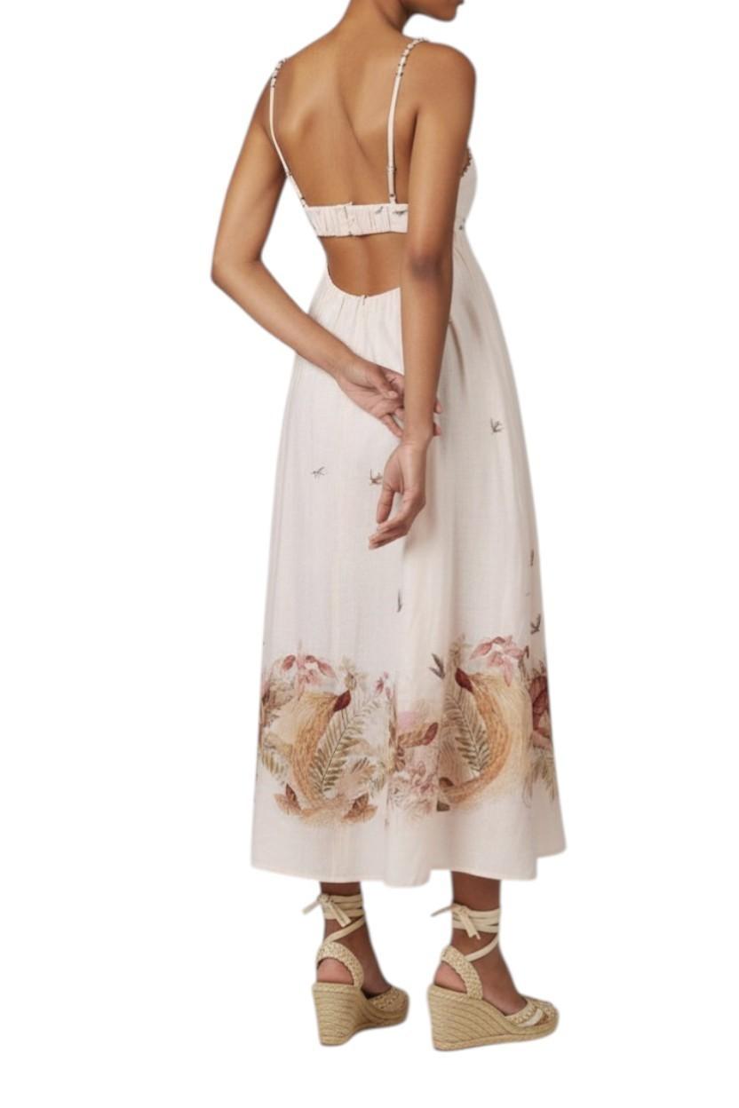 AI generated image of Woman wearing a white dress with floral patterns on a white background