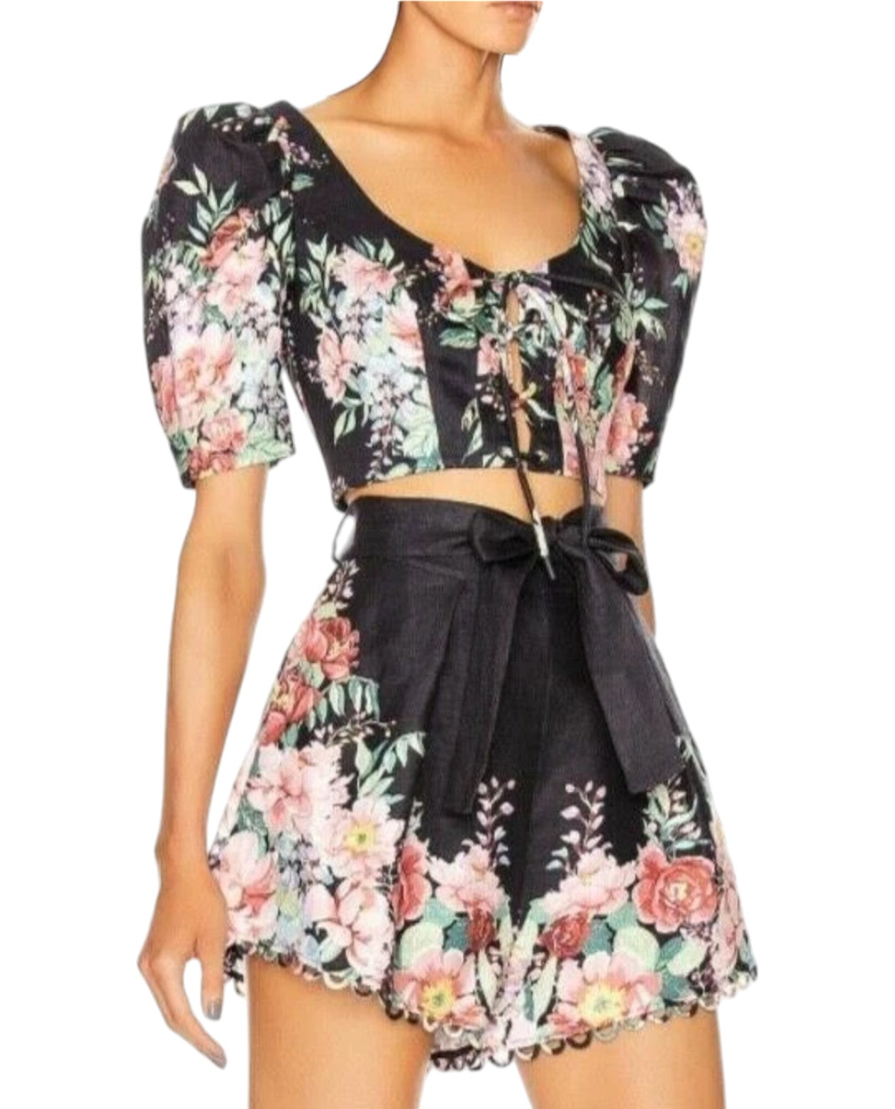 Zimmermann Bellitude Laced Crop Top | Black Floral Linen, Puff Sleeves, Lace Up