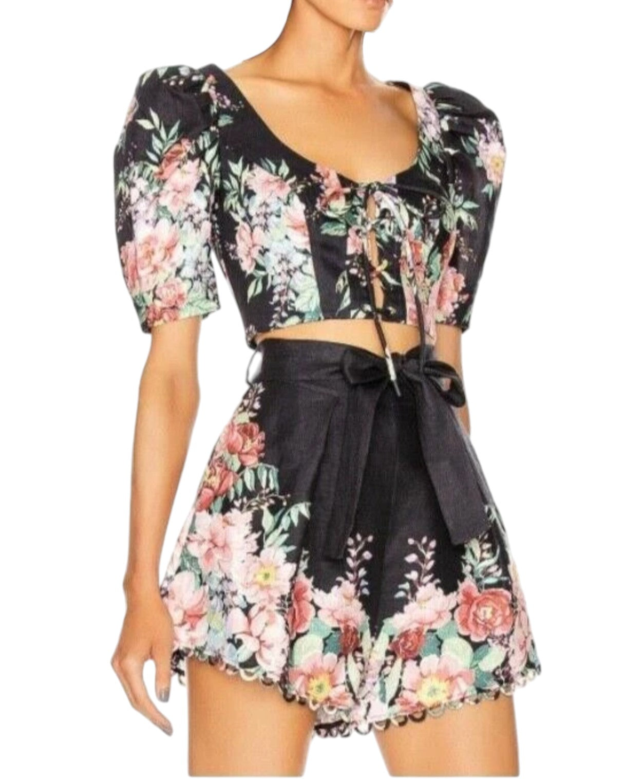 Floral dress with puff sleeves on a white background