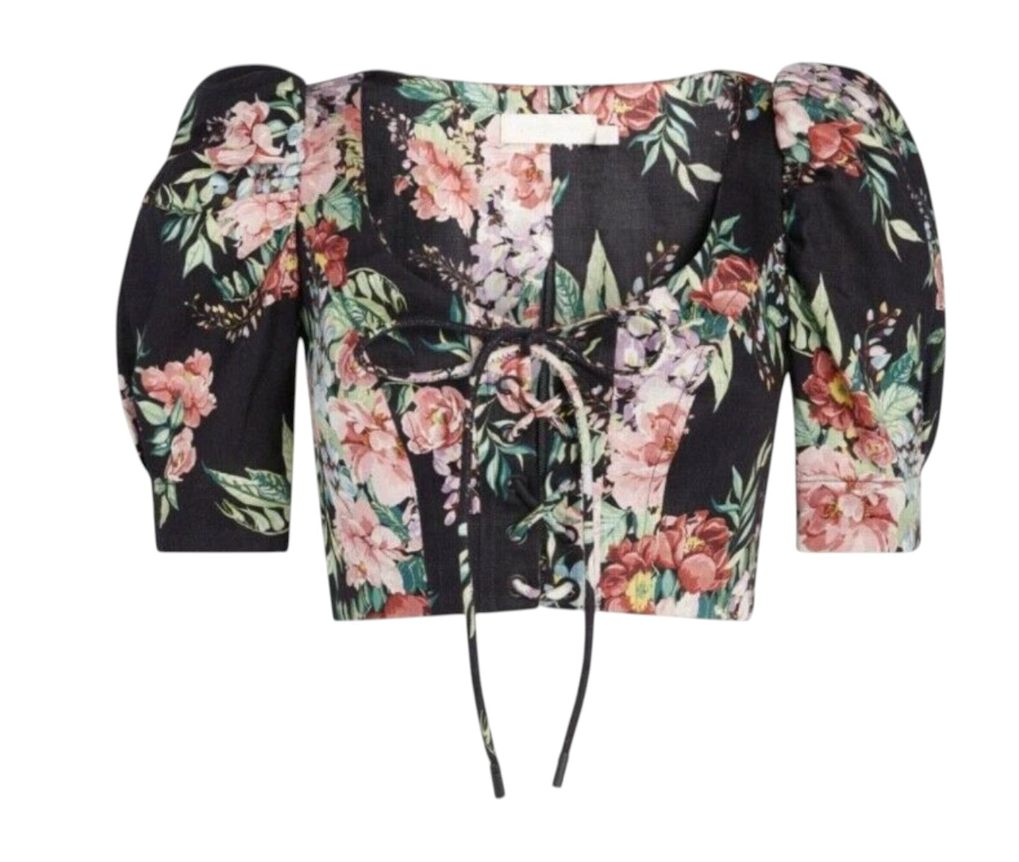 Floral off-shoulder top with puff sleeves on a white background