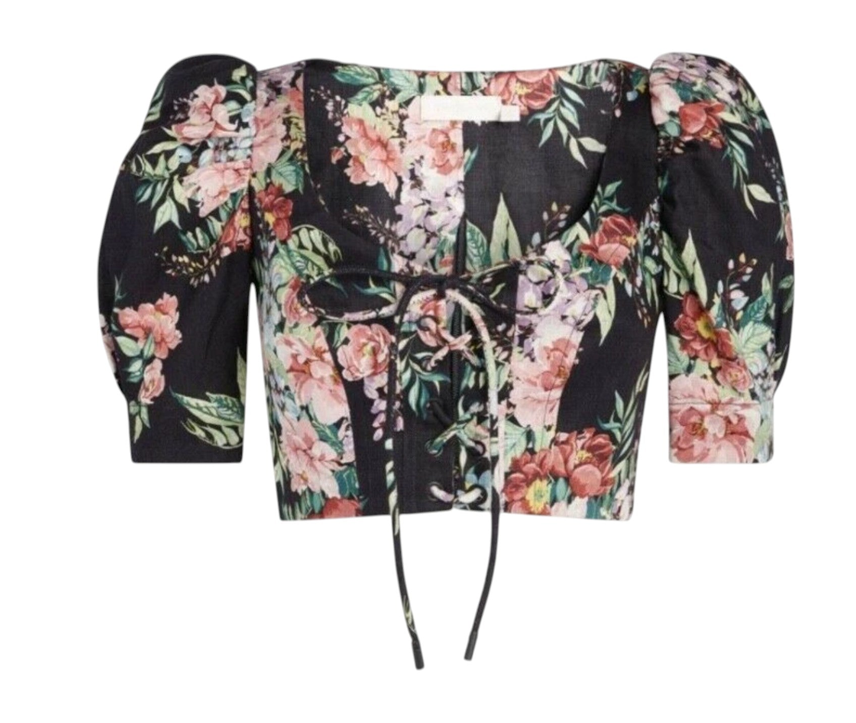 Floral off-shoulder top with puff sleeves on a white background