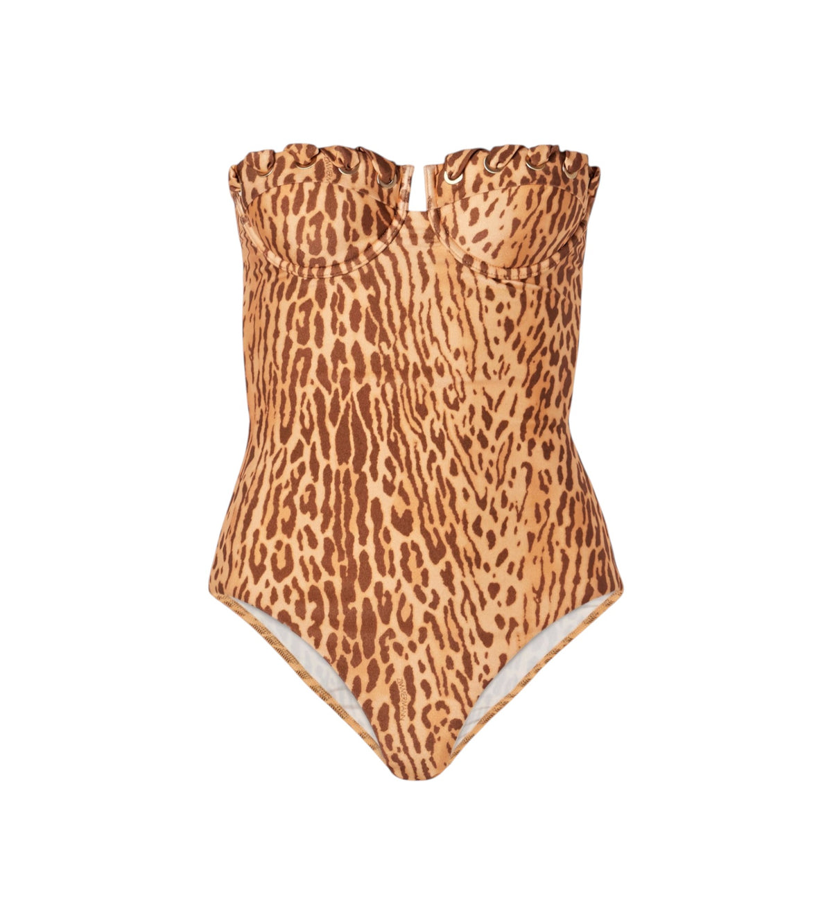 A strapless one-piece swimsuit with a ruffled sweetheart neckline, featuring a brown and tan leopard print pattern, shown against a plain white background.