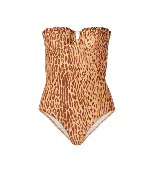 A strapless one-piece swimsuit with a ruffled sweetheart neckline, featuring a brown and tan leopard print pattern, shown against a plain white background.