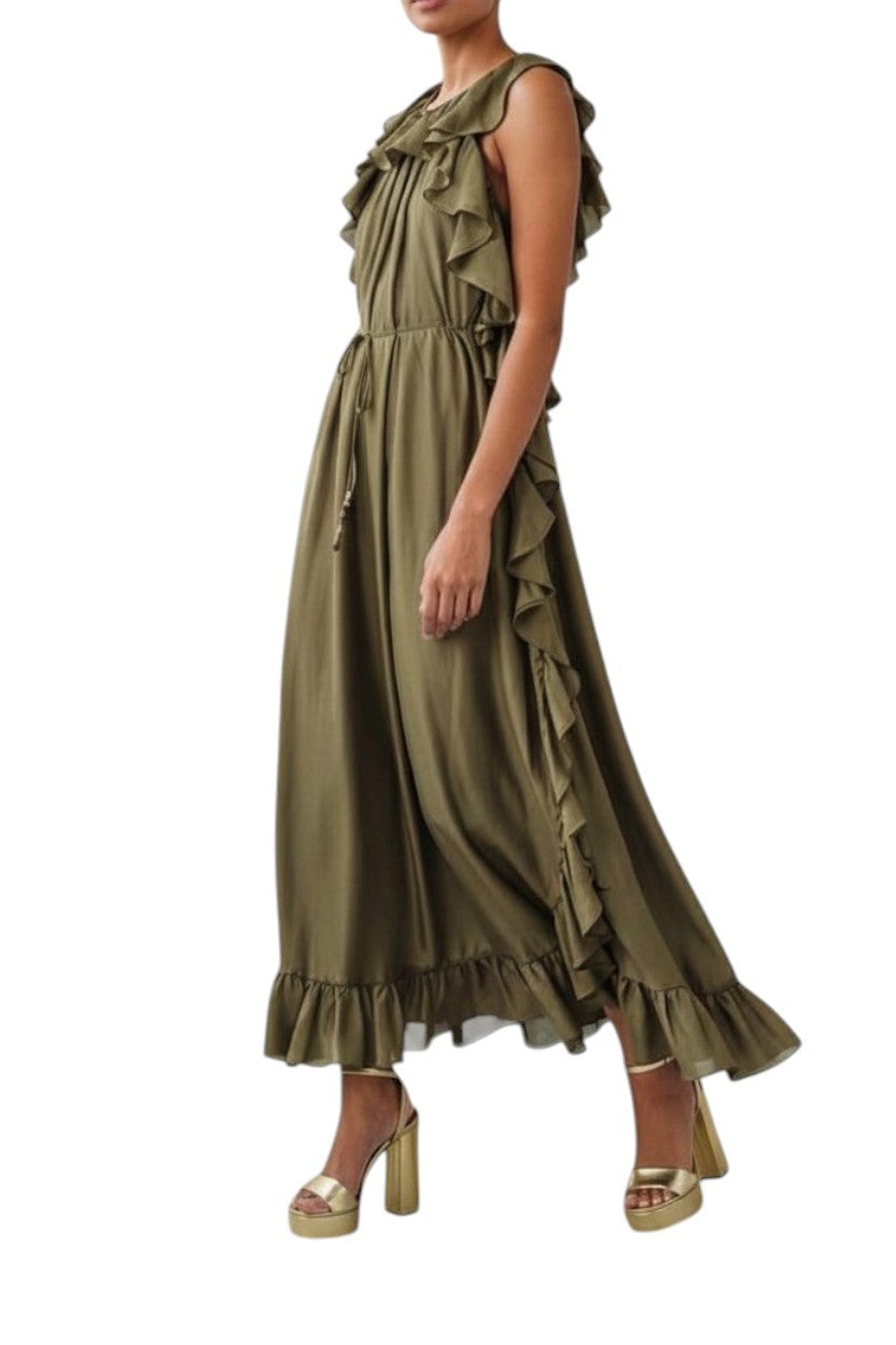 Olive green dress with ruffled details on a white background